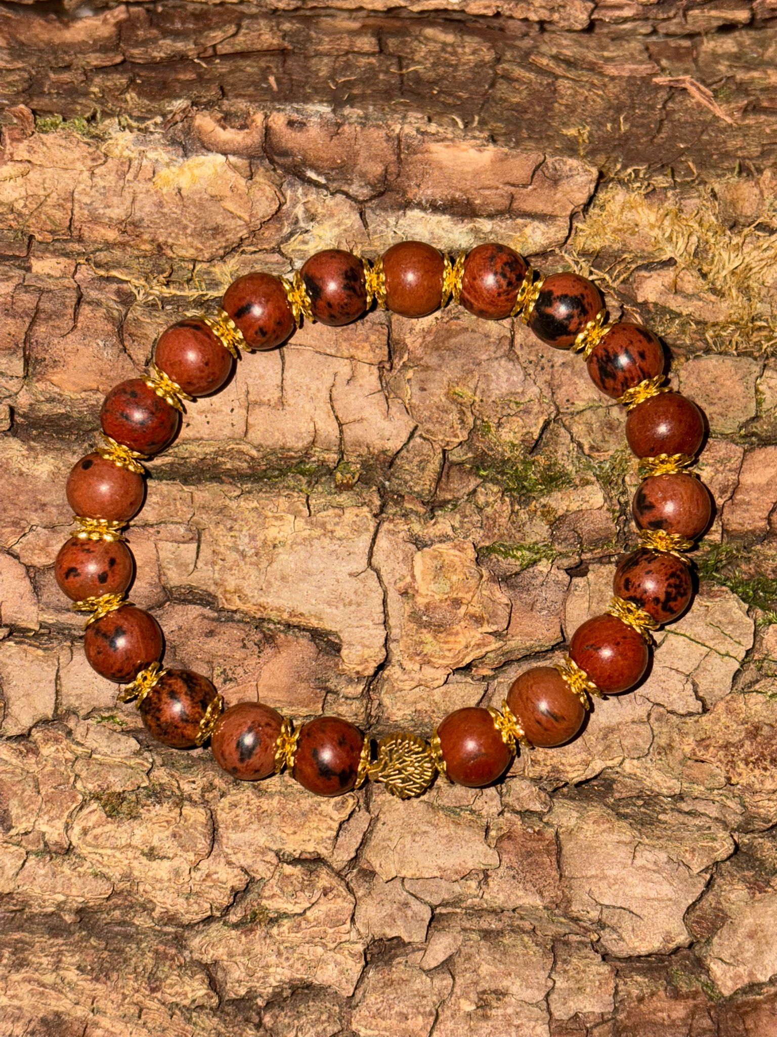 Bracelet boule obsidienne acajou  arbre de vie