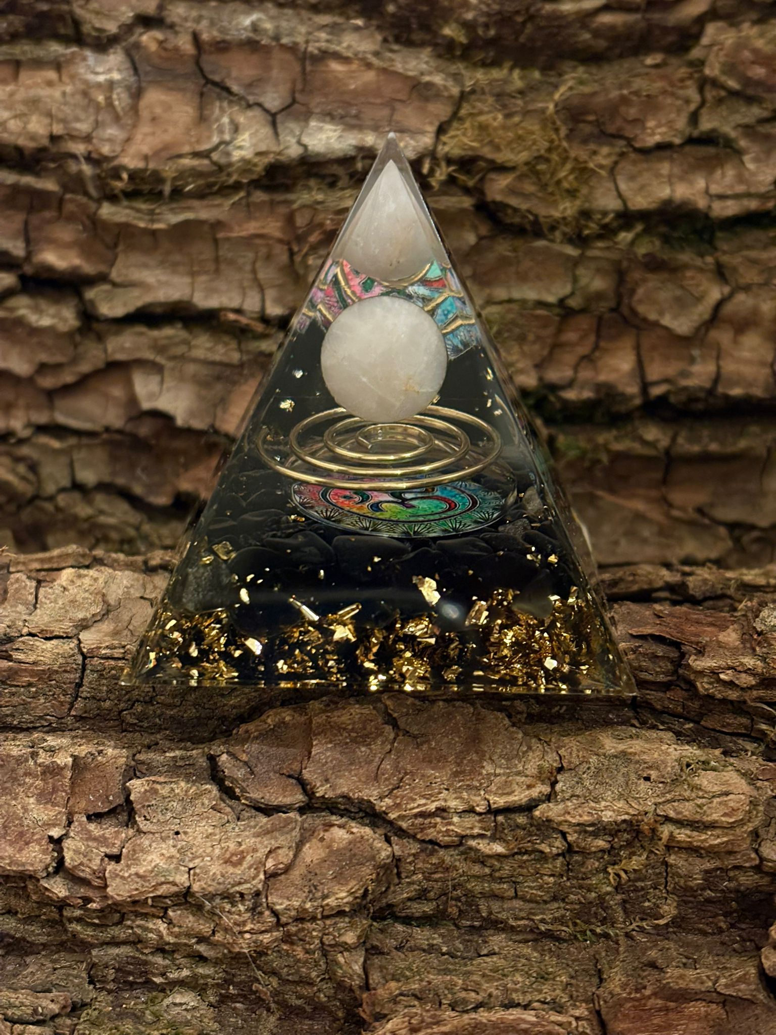Orgonite spirale quartz rose et obsidienne noire