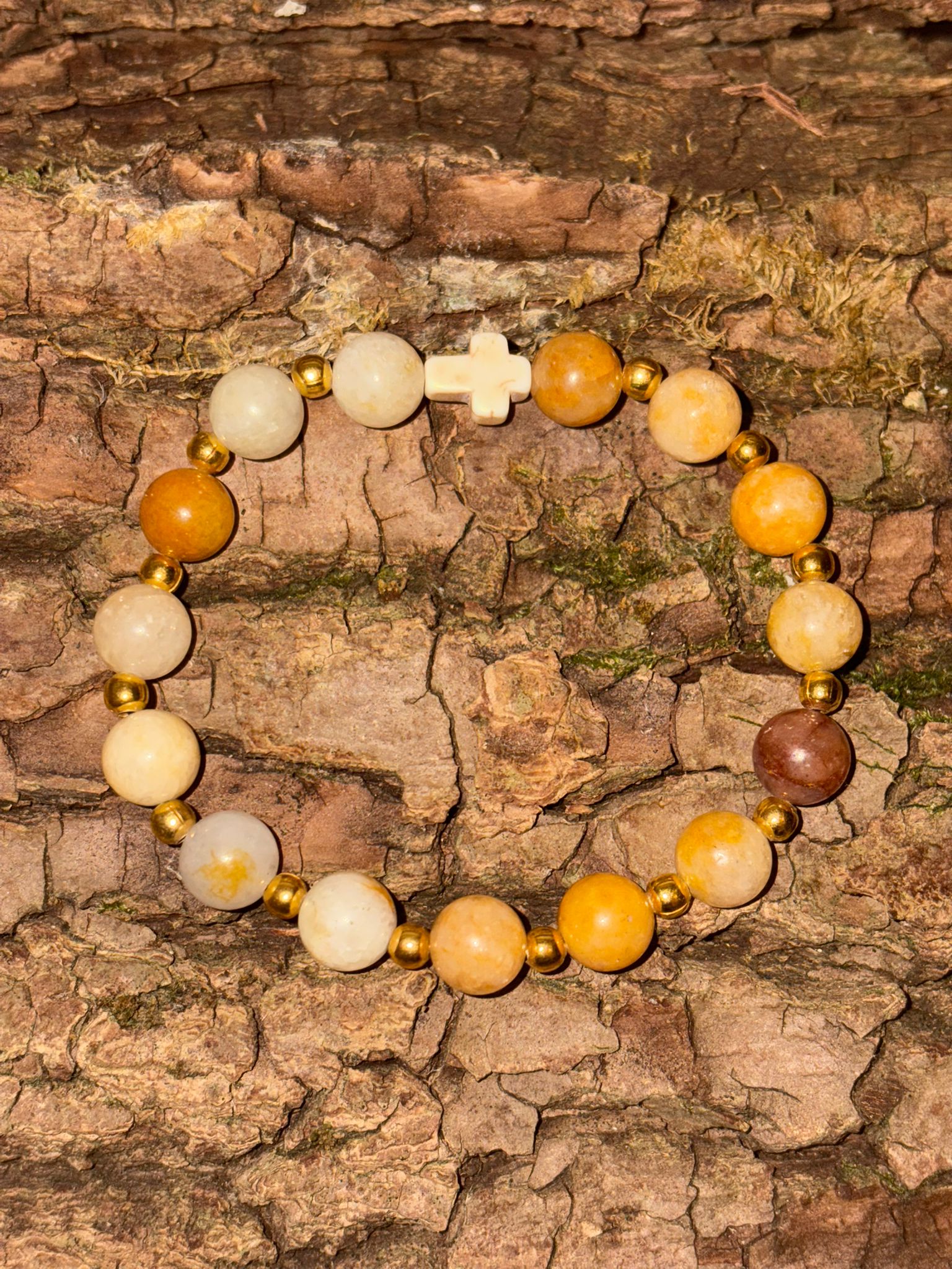 Bracelet boule Aventurine Jaune avec croix